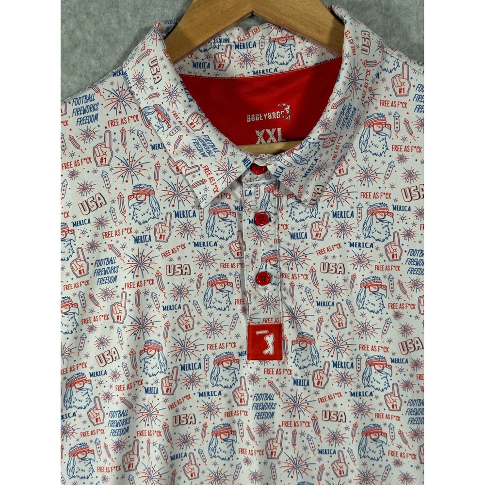 Bogey Bros Mens XXL Merica Patriotic Golf Polo Shirt Eagle Fireworks White Red